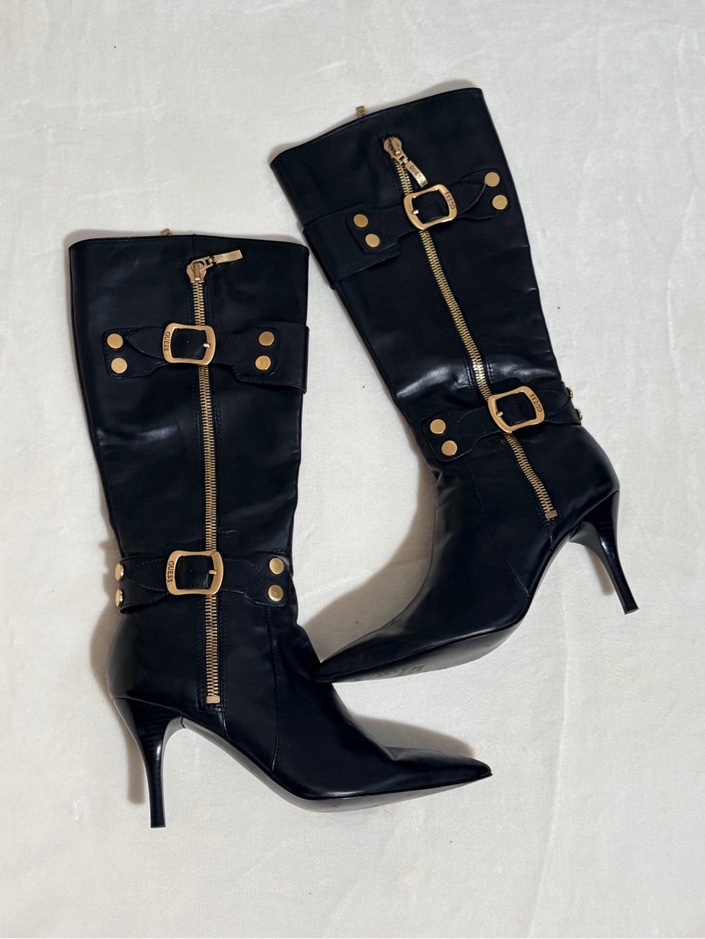 Guess Black Knee-High Leather Boots with Gold Buckles
